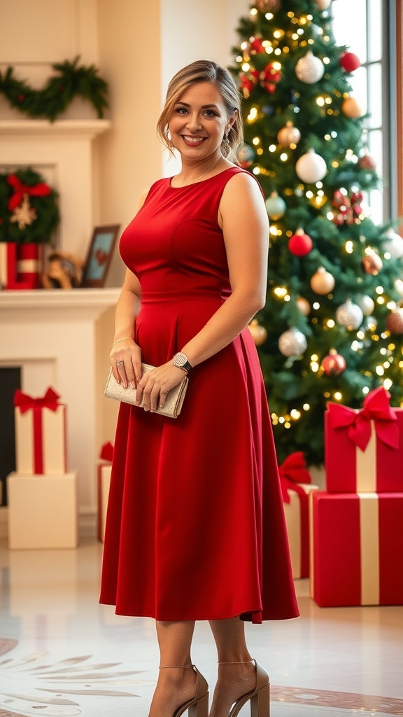 Midsize woman in a red A-line Christmas dress with festive decorations in the background.